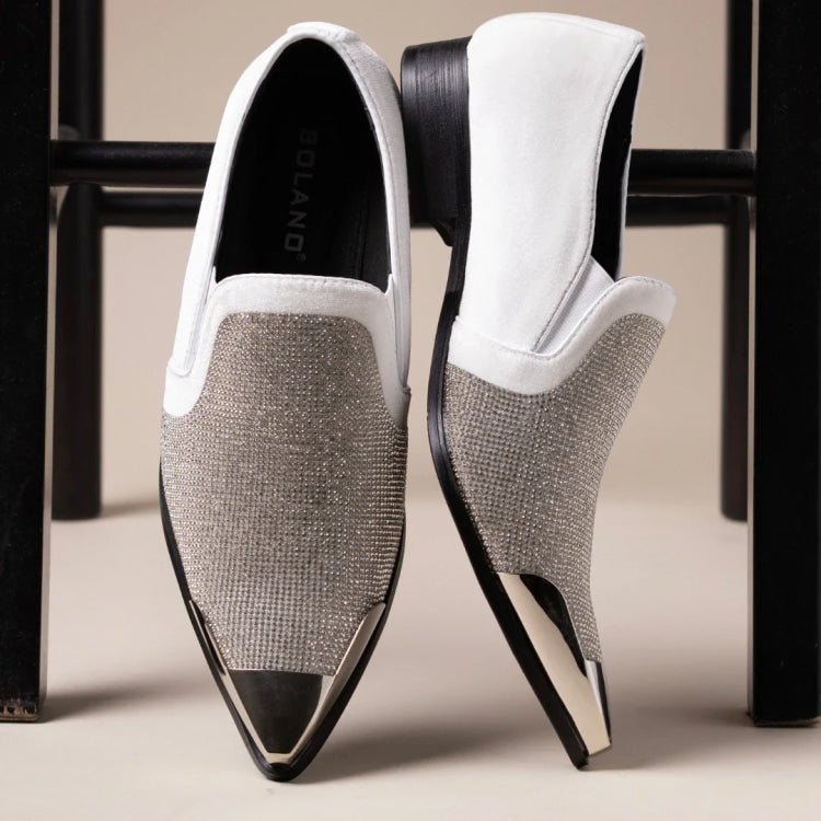 Bolano Men's Dezzy White Rhinestone Slip On Dress Shoes Smoking Slippers by Bolano – Don't Panic Shoes