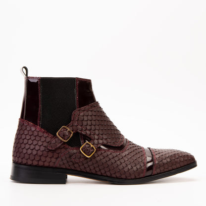 The Orion Burgundy Snakeskin Pattern Leather Double Monk Strap Men Boot