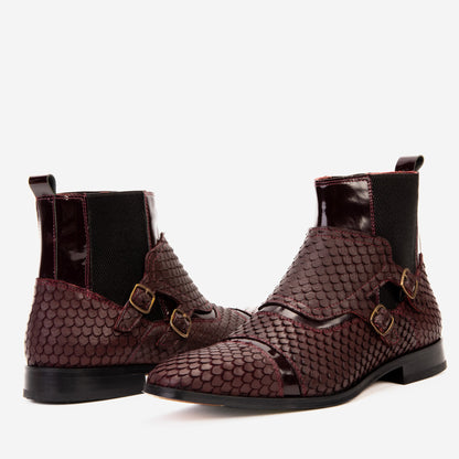 The Orion Burgundy Snakeskin Pattern Leather Double Monk Strap Men Boot