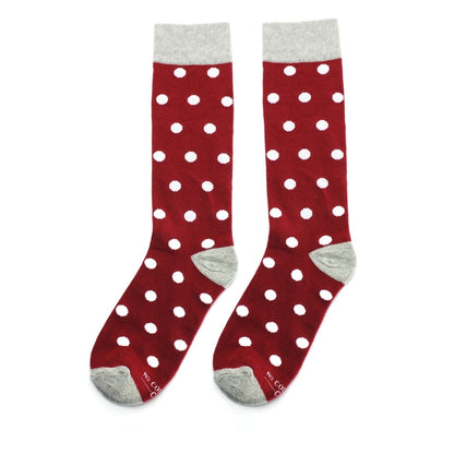 Burgundy White Polka Dot Socks Classic Fun Business Casual Crew Length Hosiery Everyday Wear Socks by No Cold Feet – Don't Panic Shoes