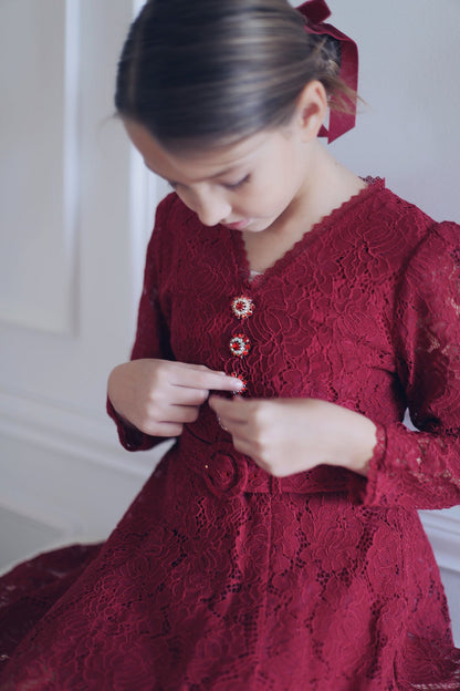 Elise Lace Dress Rhinestone Button Belt Lace Burgundy