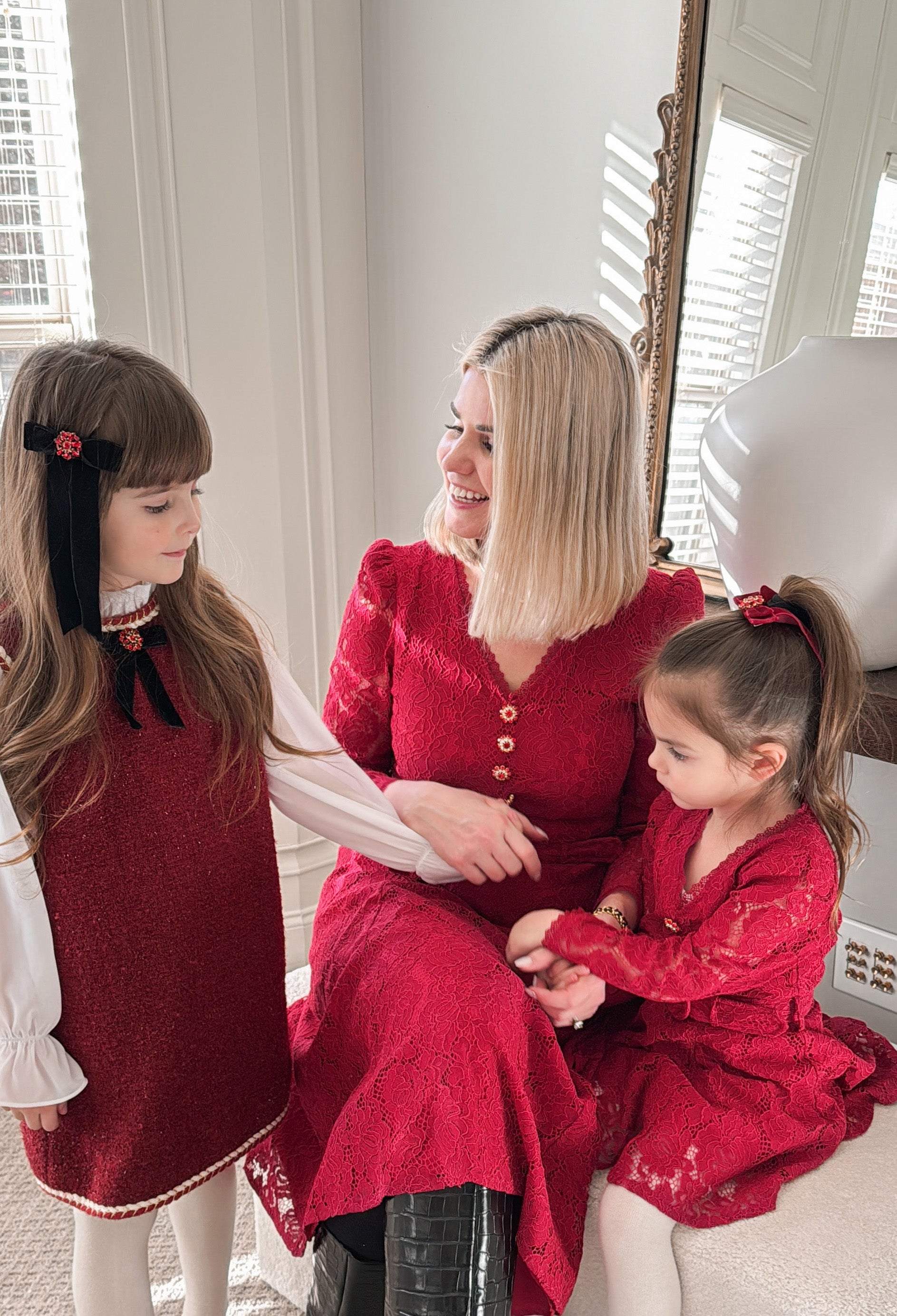 Elise Lace Dress Rhinestone Button Belt Lace Burgundy