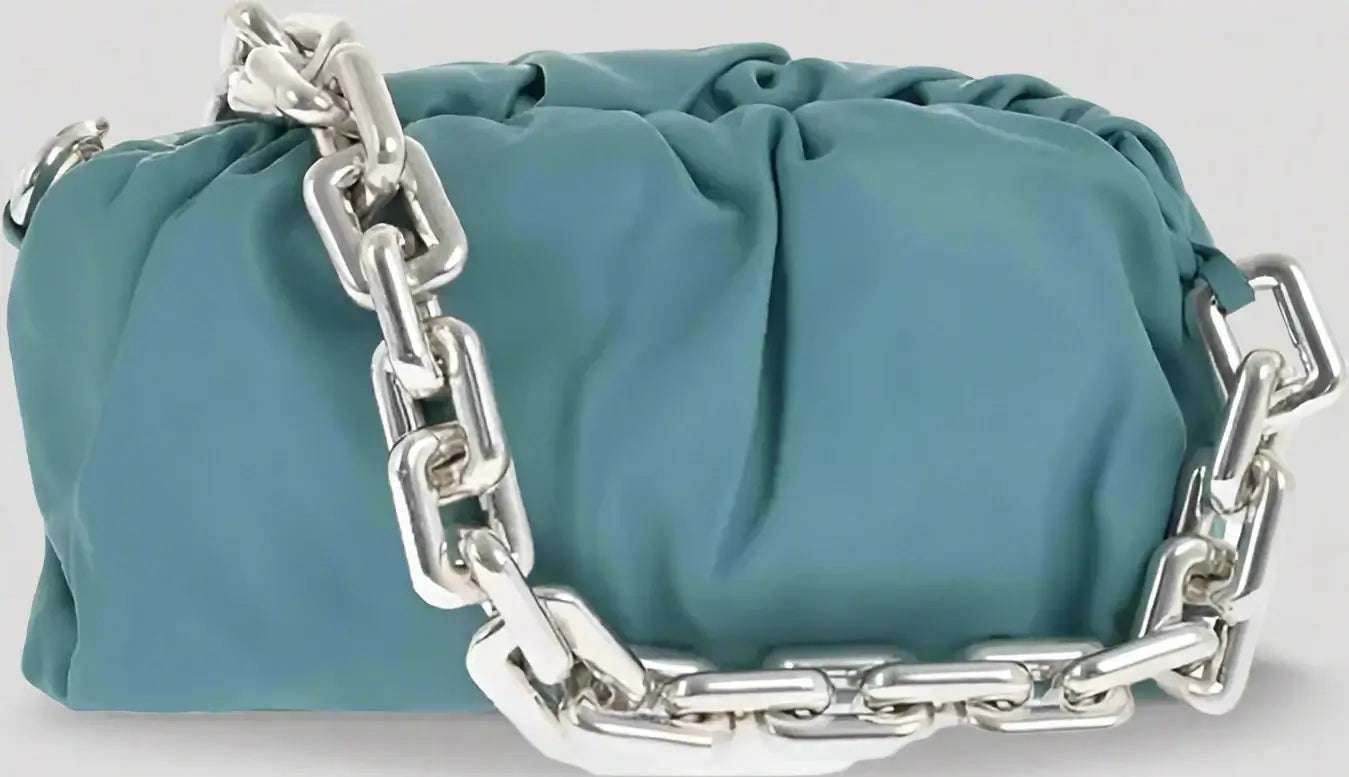 Bottega Veneta blue-green Leather THE CHAIN POUCH Bag with Magnetic Closure