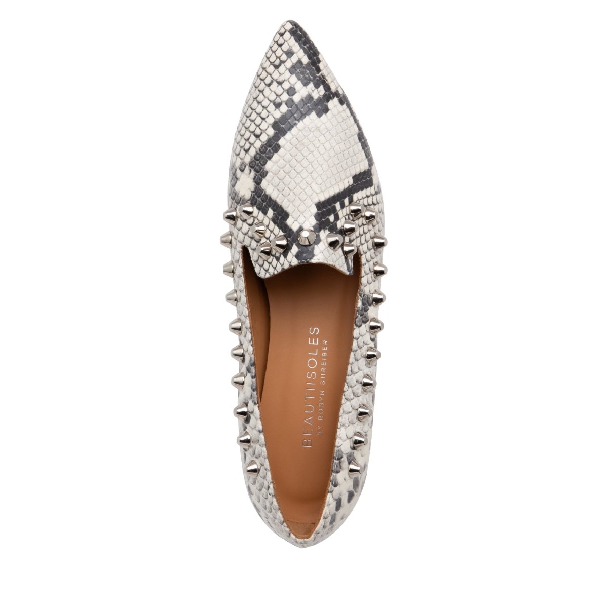 Celeste Loafer Natural Snake Leather Studded 10mm Heel Flats by Beautiisoles – Don't Panic Shoes