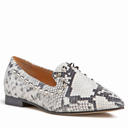 Celeste Loafer Natural Snake Leather Studded 10mm Heel Flats by Beautiisoles – Don't Panic Shoes