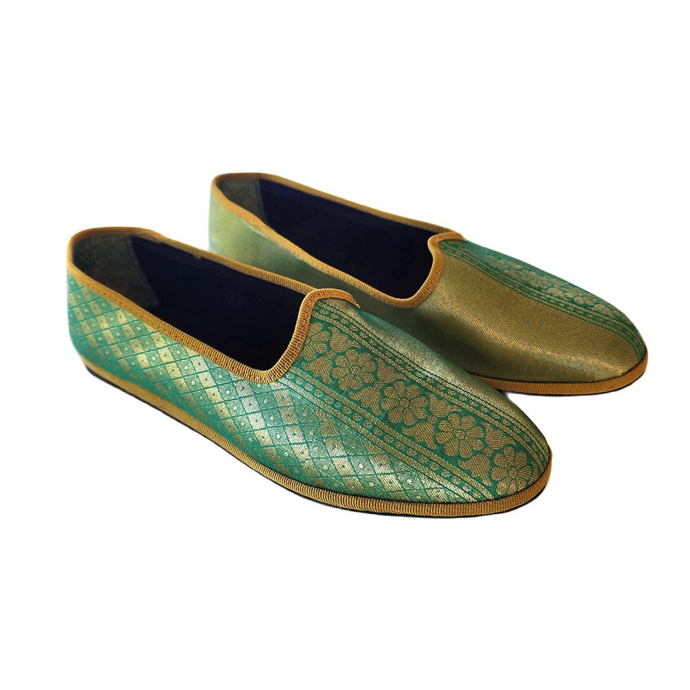 Chandra 1 Womens Green Gold Silk Jacquard Ballet Flat Slip On by Mar Soreli – Don't Panic Shoes