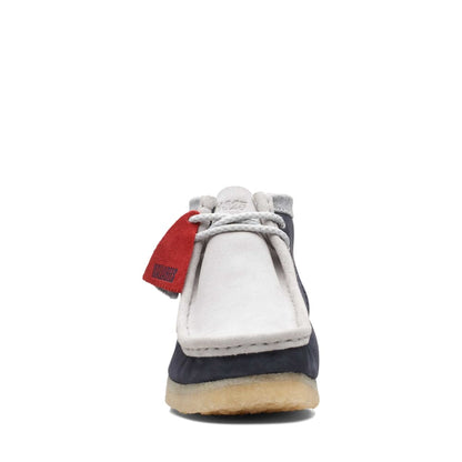 ClarkS Originals Wallabee Boot Vcy Men’s Shoes – Navy, Gray And Red Suede – Style 26165077 – Bold Heritage Statement Shoes by Clarks Originals – Don't Panic Shoes