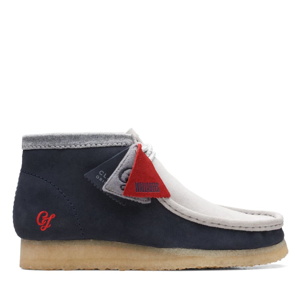 ClarkS Originals Wallabee Boot Vcy Men’s Shoes – Navy, Gray And Red Suede – Style 26165077 – Bold Heritage Statement Shoes by Clarks Originals – Don't Panic Shoes
