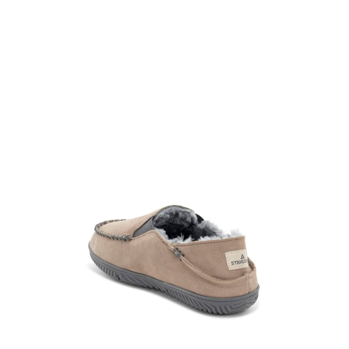 Curbside Slipper Men's Taupe Suede Vegan Fur Lined Foldable Staheekum Men's Slippers by Staheekum Men's – Don't Panic Shoes