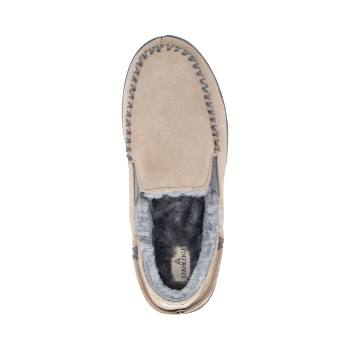 Curbside Slipper Men's Taupe Suede Vegan Fur Lined Foldable Staheekum Men's Slippers by Staheekum Men's – Don't Panic Shoes