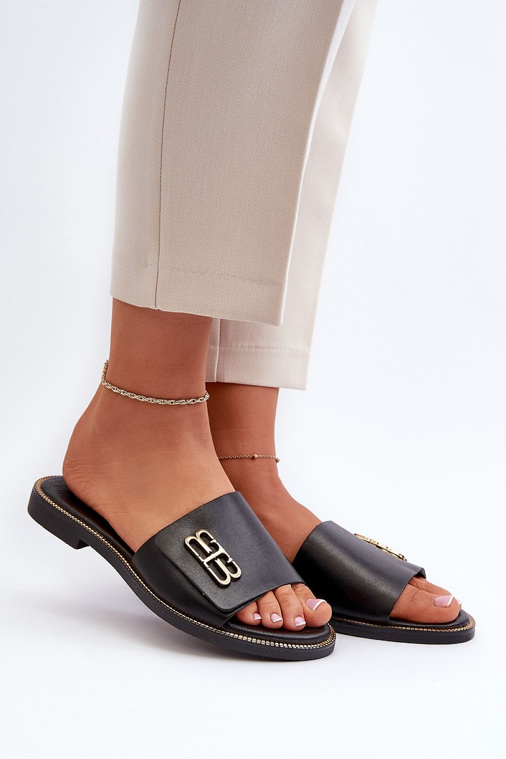 Tavirelle Gold Trim Leather Slides
