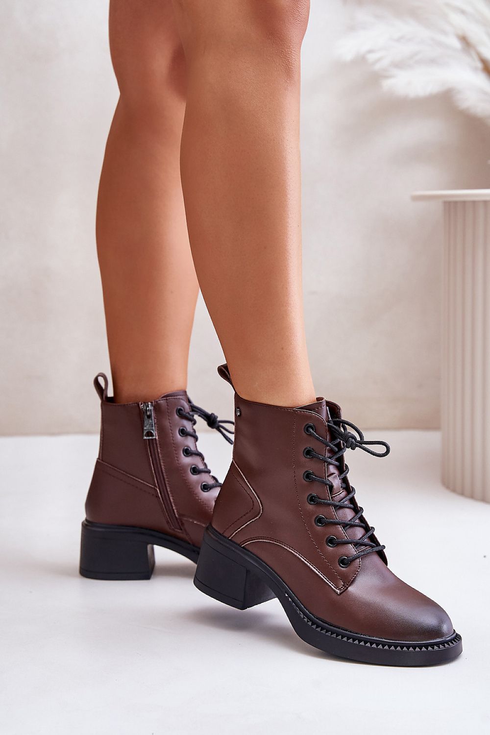 Milvera Genuine Leather Ankle-High Lace-Up Heel Boots