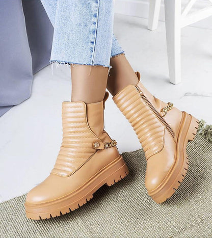 Ardena Premium Fur-Lined Boots with Chain Vegan Leather Beige