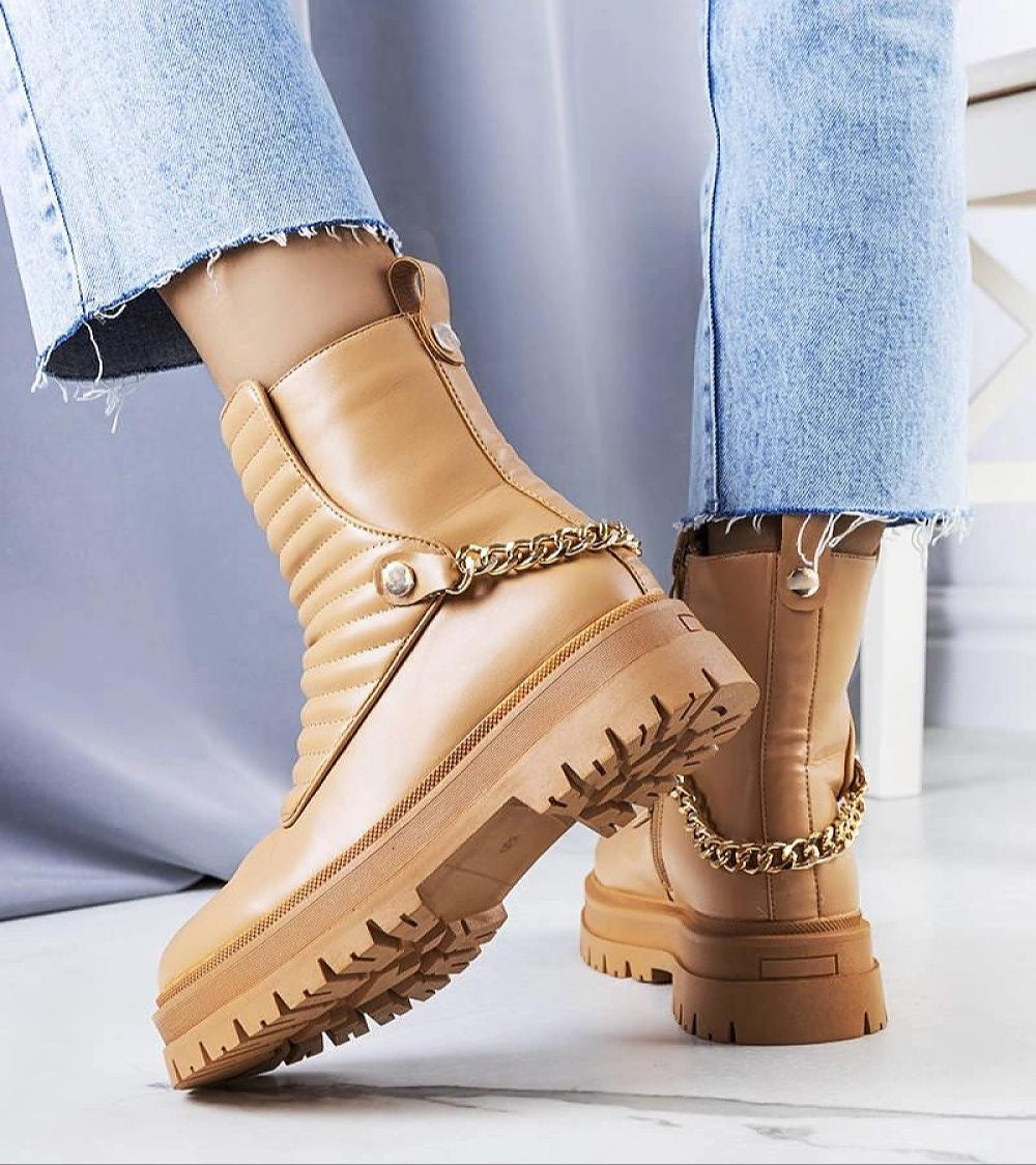 Ardena Premium Fur-Lined Boots with Chain Vegan Leather Beige