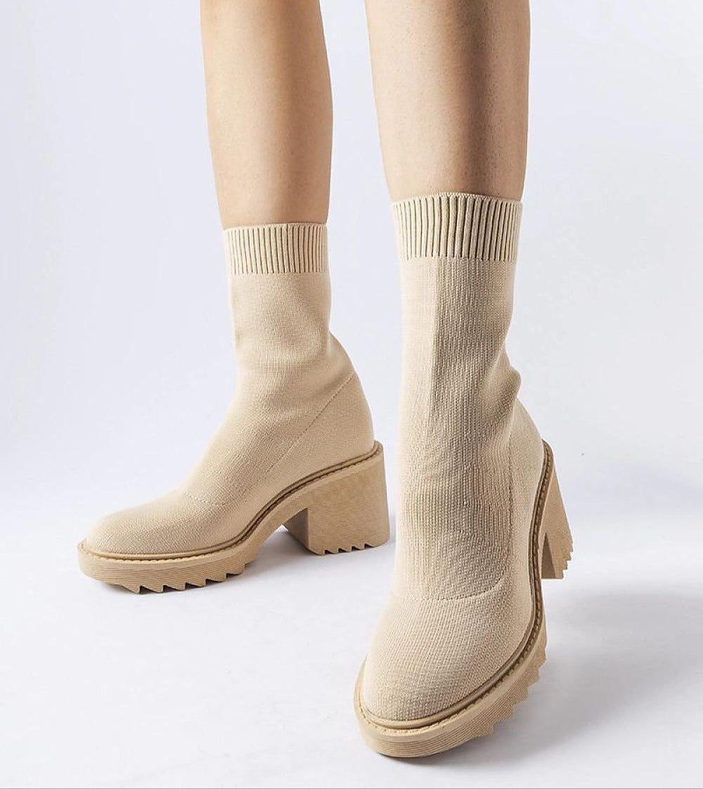 Merissia Beige Sock Ankle Boots with Heel