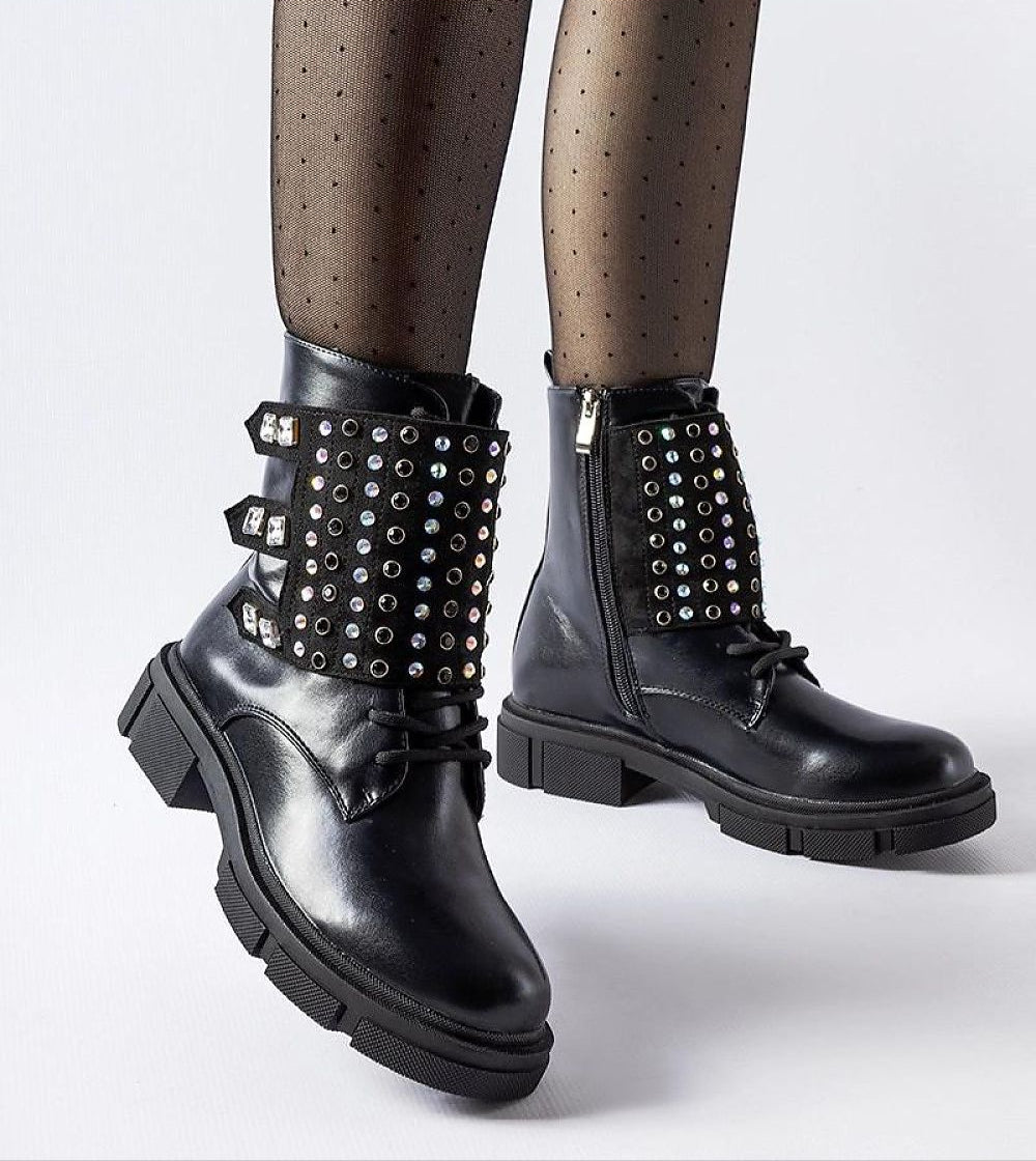 Elvare Black Rhinestone Ankle Boots