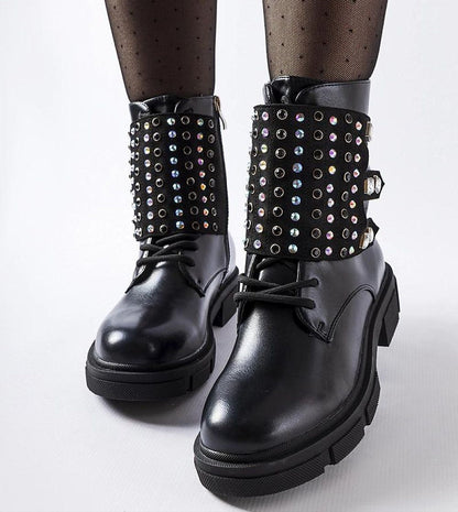 Elvare Black Rhinestone Ankle Boots