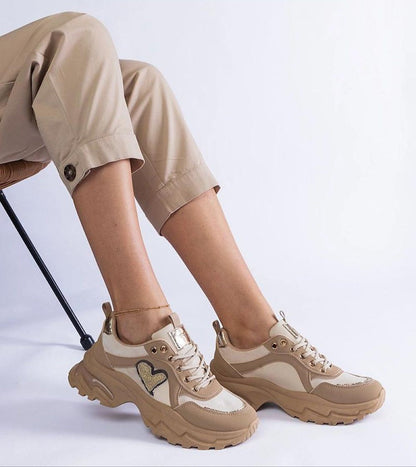 Orevia Heart Detailed Vegan Leather Brown Sneakers