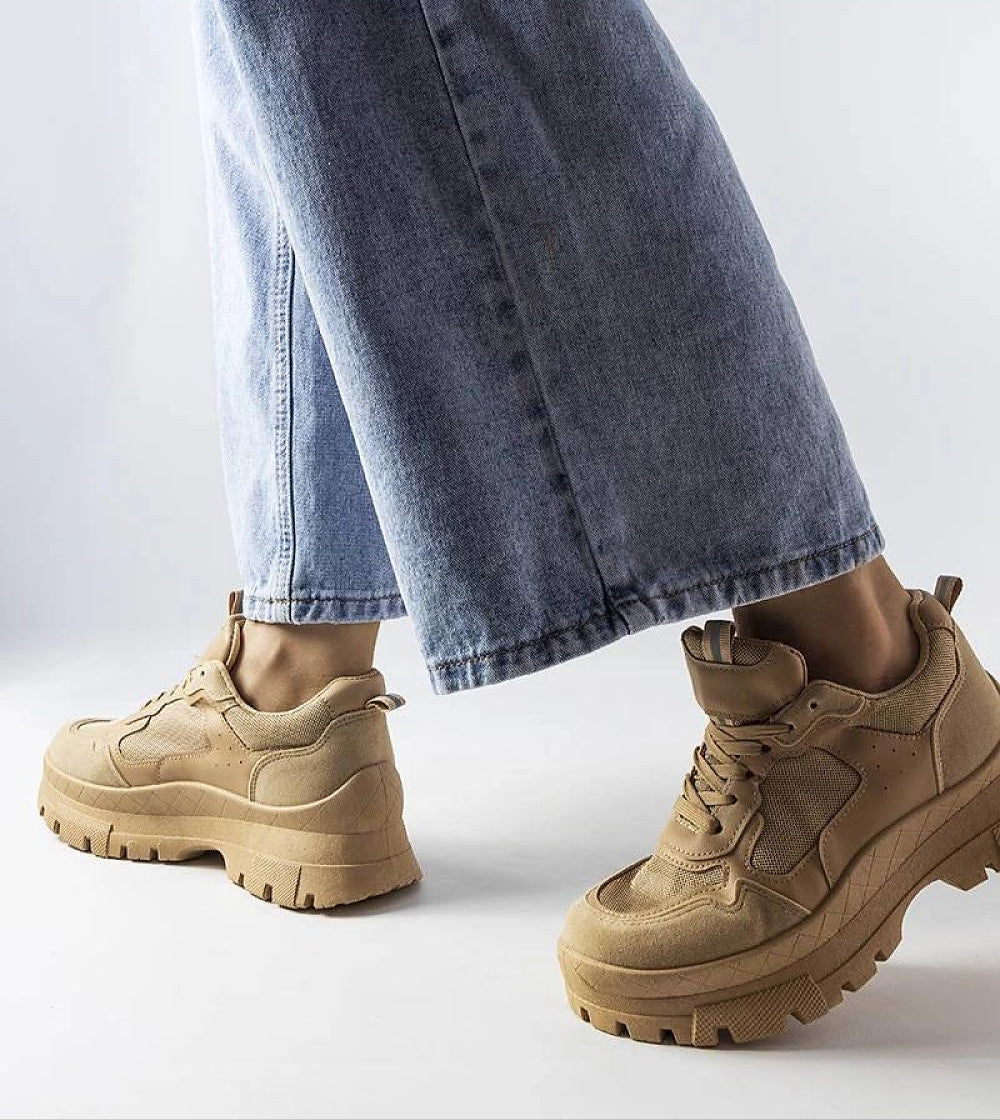 Avenza Sporty Lace-Up Sneakers In Beige For Women With Breathable Design