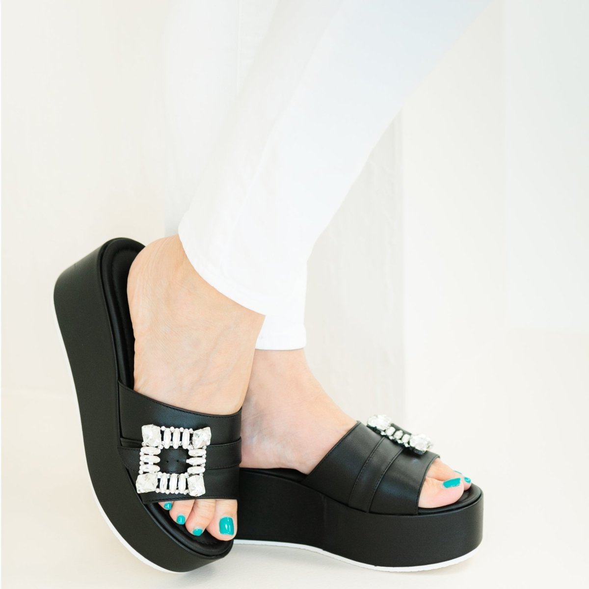 Dita Platform Leather Sandal Rhinestone Buckle Padded Insole Sandals by Beautiisoles – Don't Panic Shoes