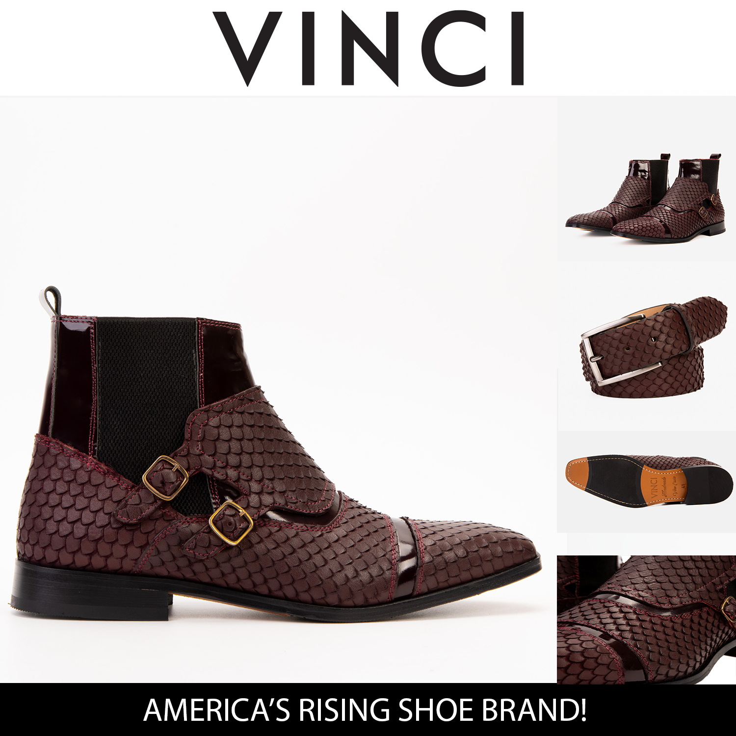 The Orion Burgundy Snakeskin Pattern Leather Double Monk Strap Men Boot