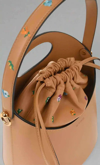 ETRO Brown Calfskin Tote Bag with hand painted floral handle