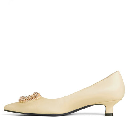 ElSie Women’s Beige Leather Micro Heel Pump Rhinestone Buckle Heels by Beautiisoles – Don't Panic Shoes