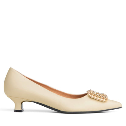 ElSie Women’s Beige Leather Micro Heel Pump Rhinestone Buckle Heels by Beautiisoles – Don't Panic Shoes