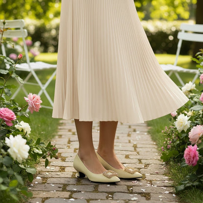 ElSie Women’s Beige Leather Micro Heel Pump Rhinestone Buckle Heels by Beautiisoles – Don't Panic Shoes