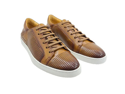 Fashion Lace Up Perforated Calfskin Sneaker Leather Patina Shoes by Carrucci Shoes – Don't Panic Shoes
