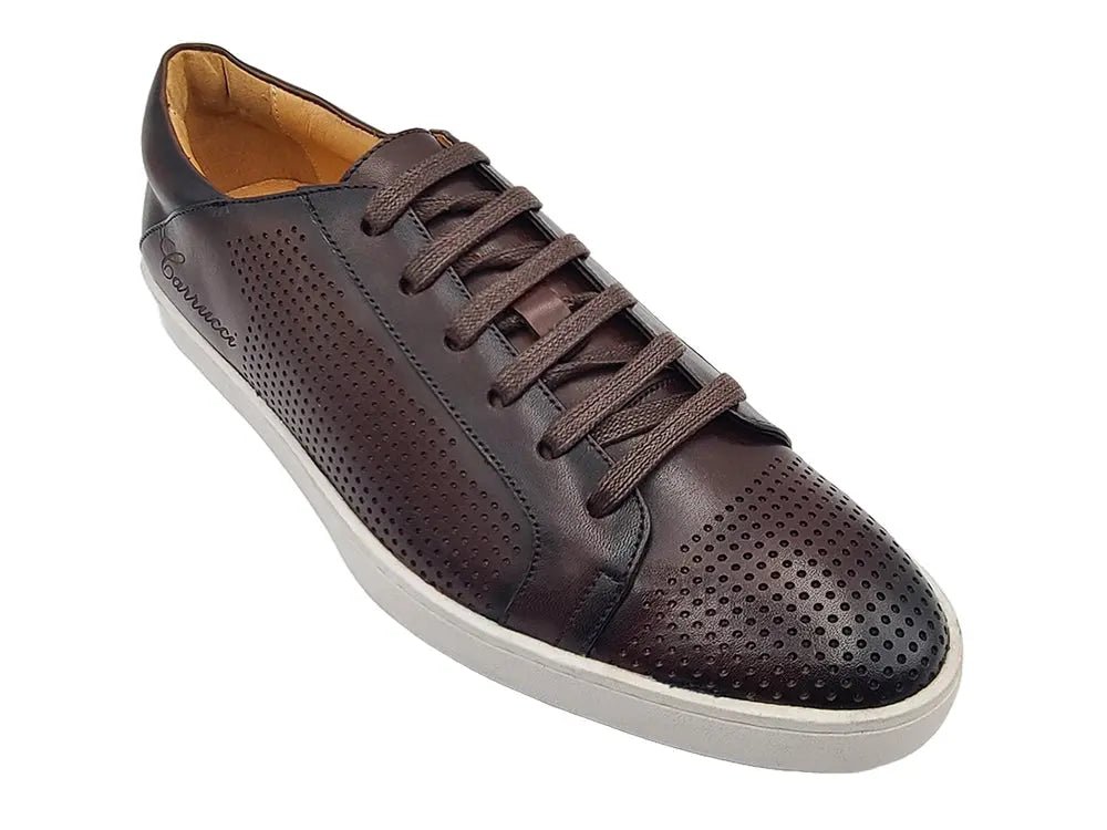 Fashion Lace Up Perforated Calfskin Sneaker Leather Patina Shoes by Carrucci Shoes – Don't Panic Shoes