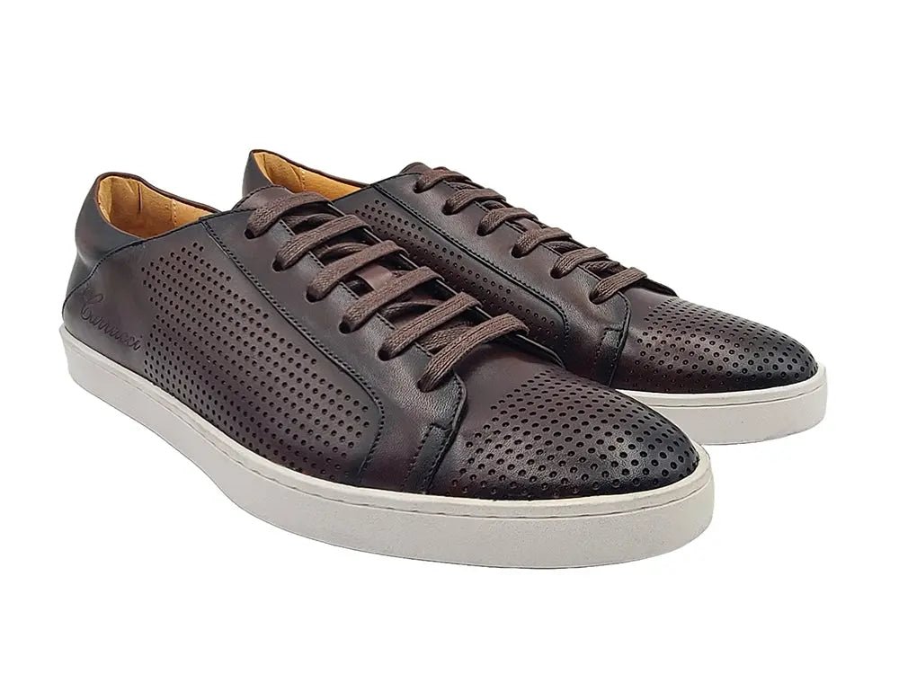 Fashion Lace Up Perforated Calfskin Sneaker Leather Patina Shoes by Carrucci Shoes – Don't Panic Shoes