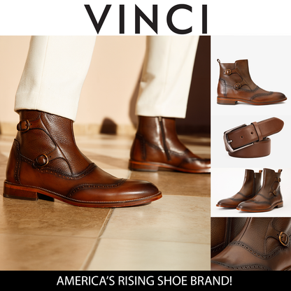 The Rand Brown Leather Double Buckle Brogue Men Boot with a Zipper