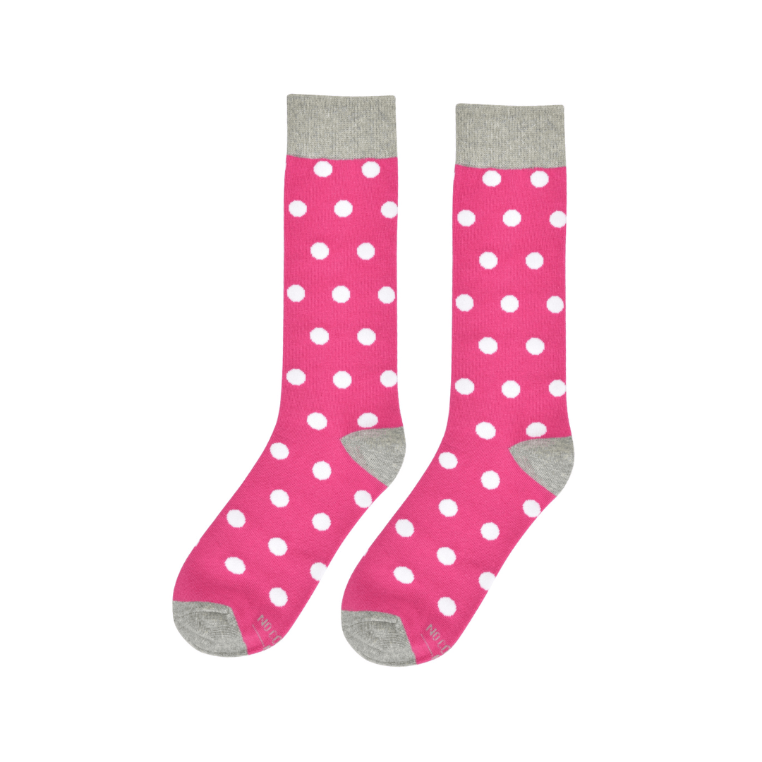 Fuchsia White Polka Dot Socks Pink Tastic Novelty Crew Pair Dreamhouse Ken Approved Socks by No Cold Feet – Don't Panic Shoes