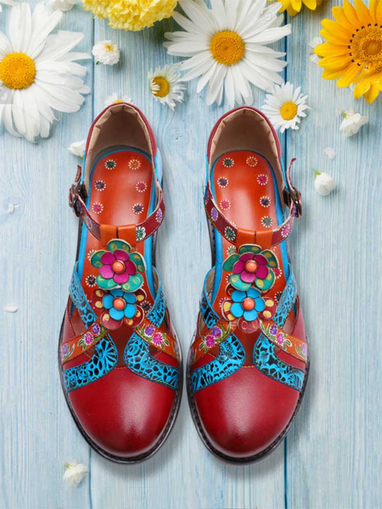 Genuine Leather Flower Retro Shoes Flat by Colorstepshoes – Don't Panic Shoes