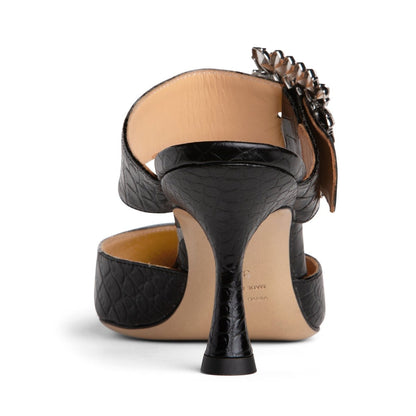 Georgina Evening Mule Womens Black Embossed Leather 70mm Heels by Beautiisoles – Don't Panic Shoes