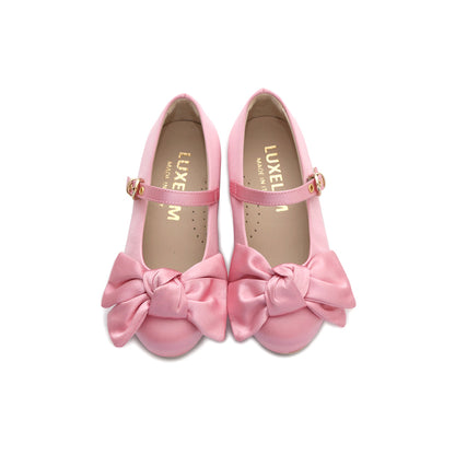 Victoria Bow Shoes Italian Made Kids Satin Pink Rose