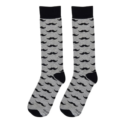 Grey With Black Mustache Socks Novelty Crew Socks For Groomsmen Movember Office Fun Gift Socks by No Cold Feet – Don't Panic Shoes