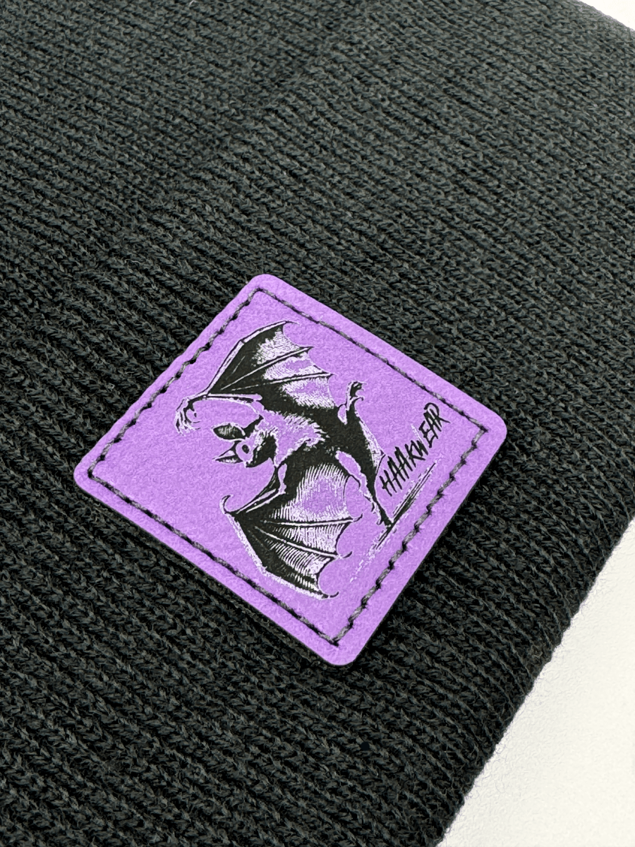 Haakwear Spooky Wings Bat Patch Beanie Vegan Leather Patch Knit Fabric Beanie by Haakwear Usa – Don't Panic Shoes