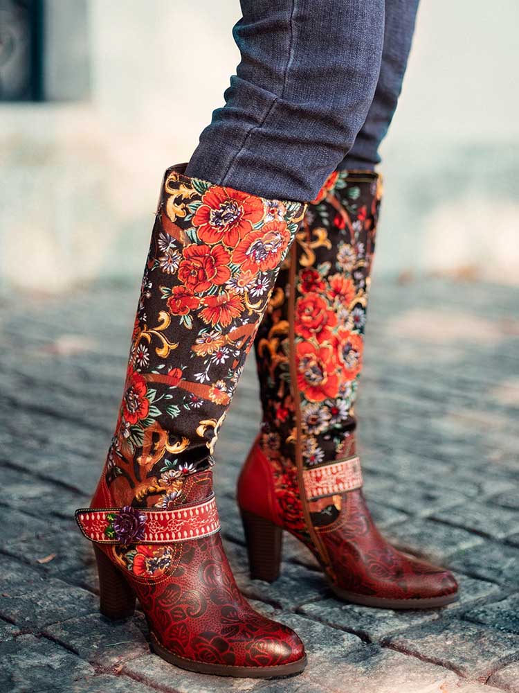 Handmade Floral Embossed Embroidery Elegant Boots Boots by Colorstepshoes – Don't Panic Shoes