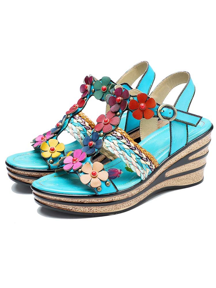 Handmade Flowers Wedge Sandals Sandals by Colorstepshoes – Don't Panic Shoes