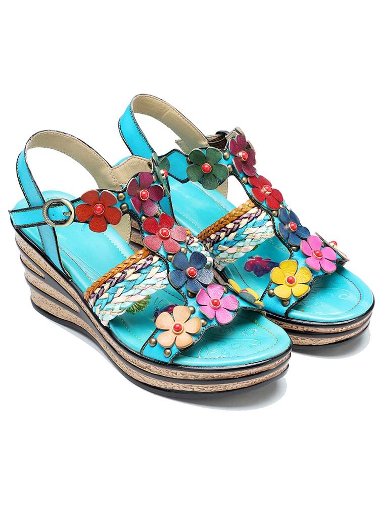 Handmade Flowers Wedge Sandals Sandals by Colorstepshoes – Don't Panic Shoes