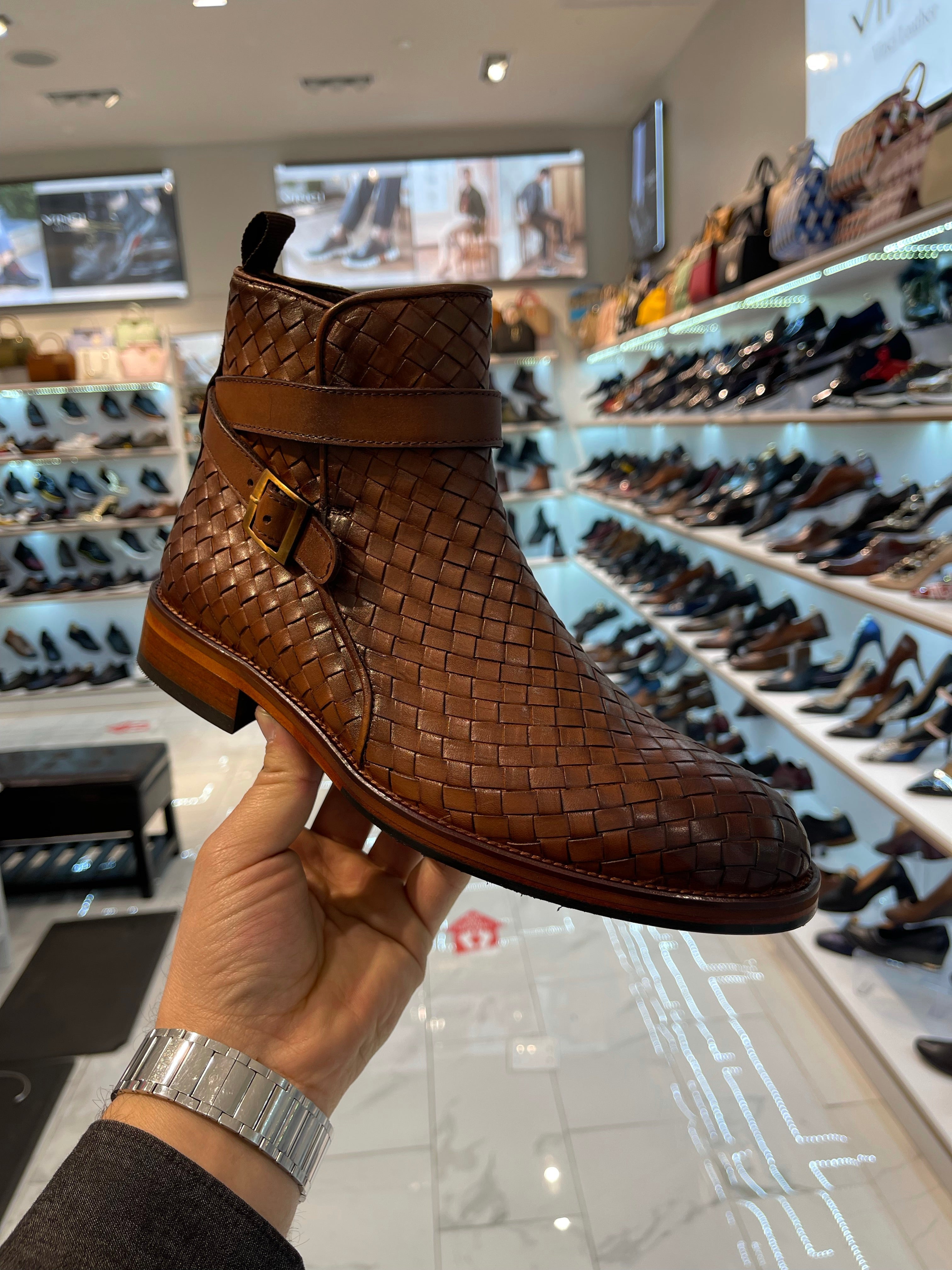 The Morral Tan Handwoven Leather Cross Strap Buckle Zip-Up Men Boot