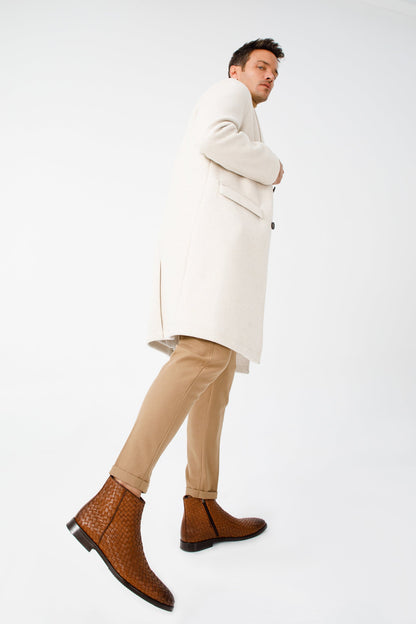 The Wellington Tan Handwoven Leather Men Boot with a Zipper