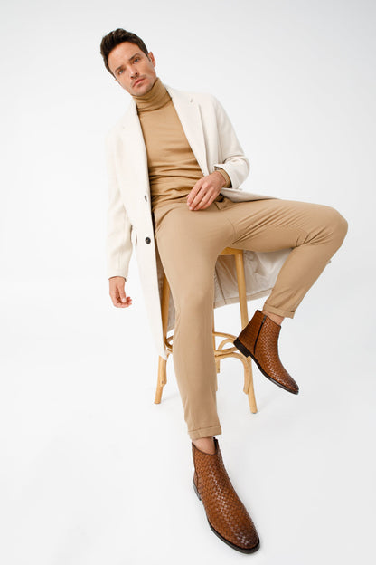 The Wellington Tan Handwoven Leather Men Boot with a Zipper