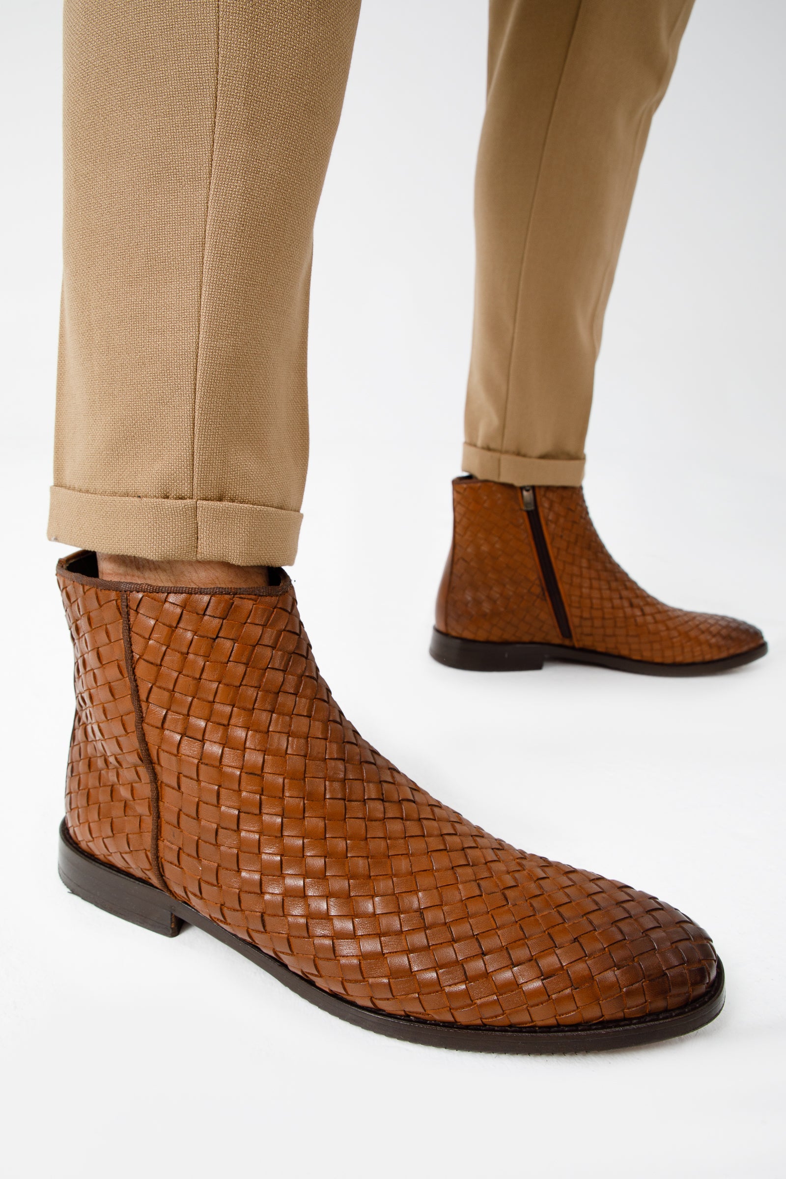 The Wellington Tan Handwoven Leather Men Boot with a Zipper