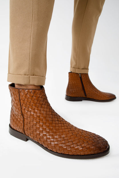 The Wellington Tan Handwoven Leather Men Boot with a Zipper