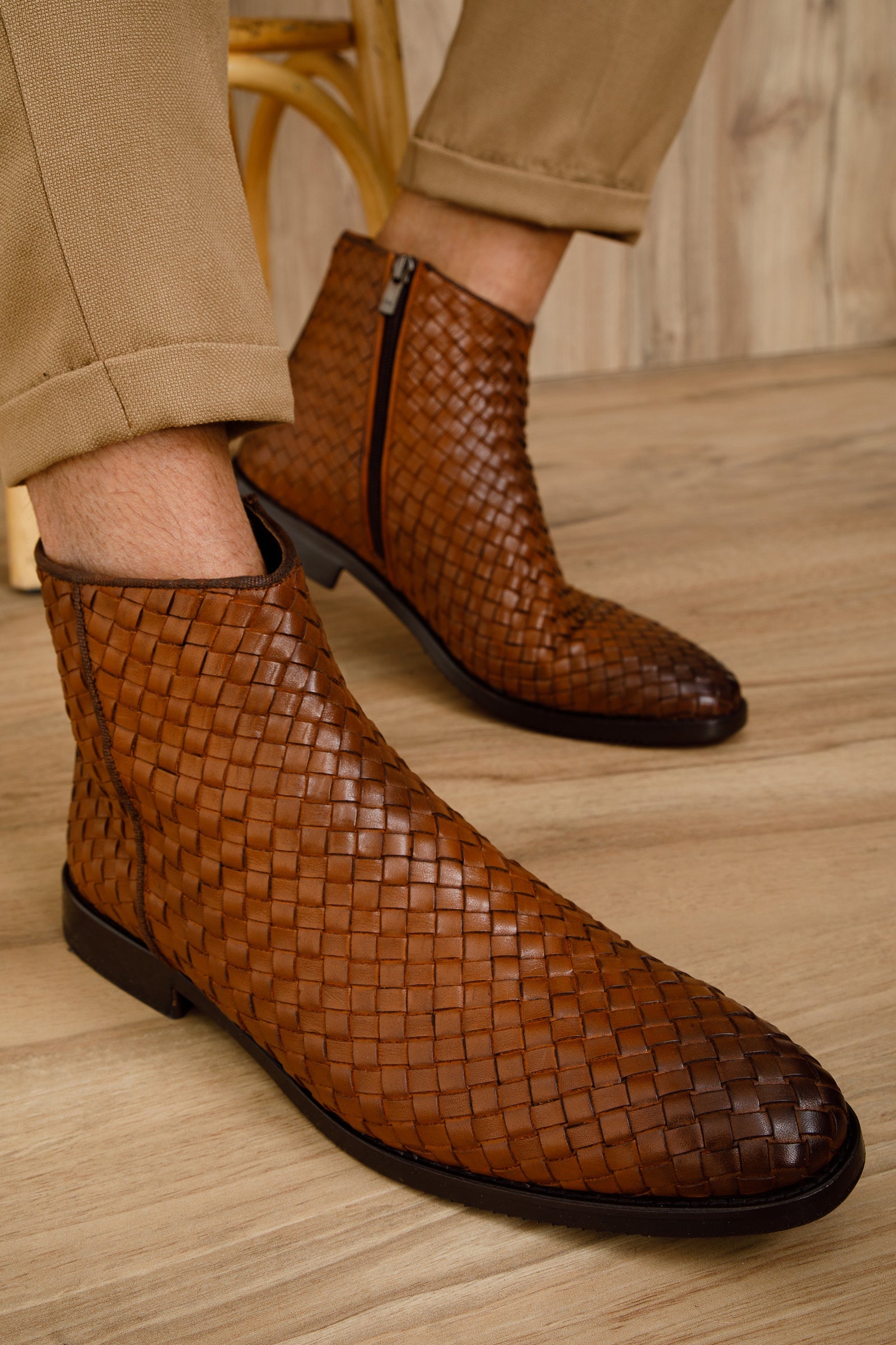 The Wellington Tan Handwoven Leather Men Boot with a Zipper