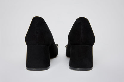 The Olney Black Suede Leather Block Heel Pump Women Shoe