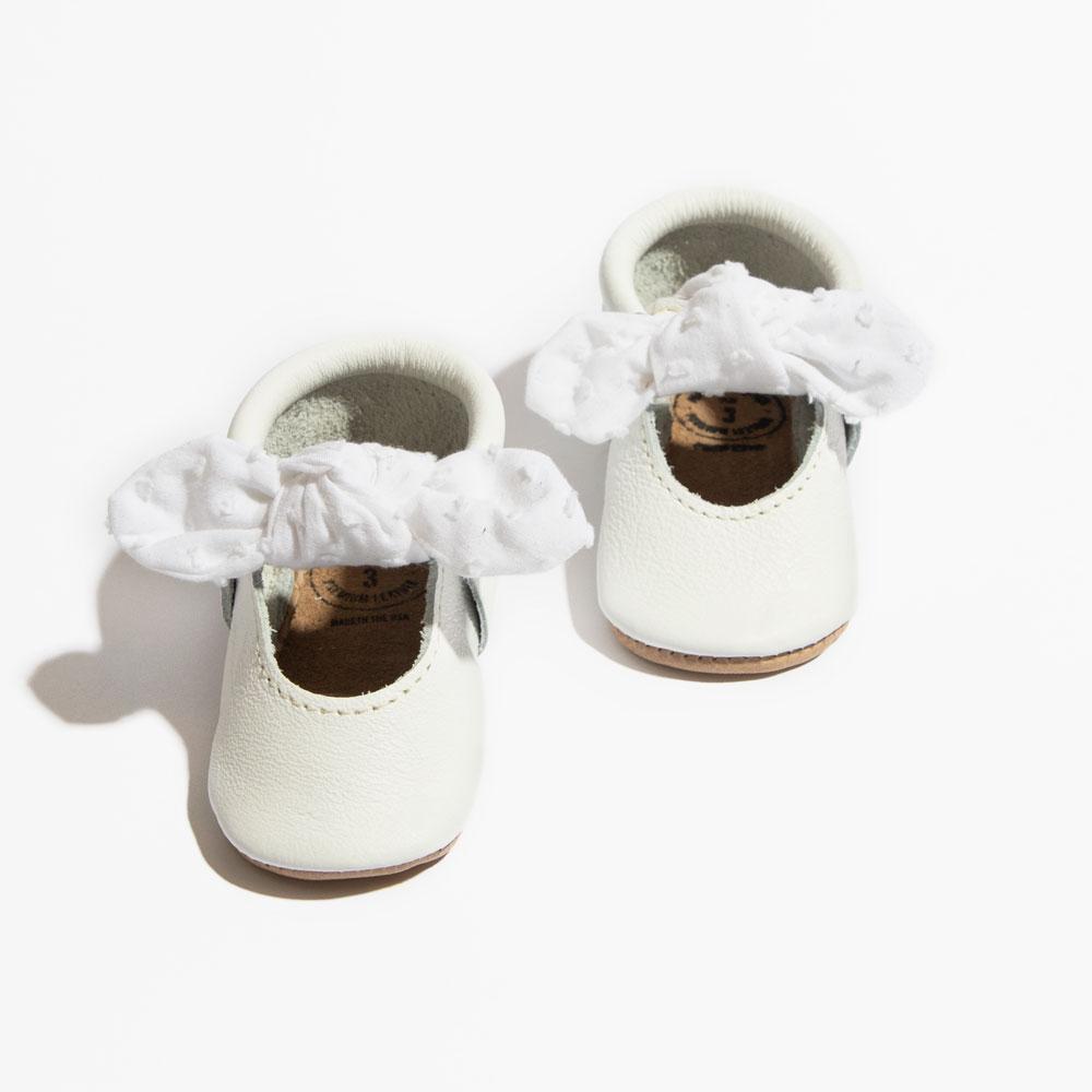 Ivory Swiss Dot Knotted Bow Baby Shoe Knotted Bow Mocc by Freshly Picked – Don't Panic Shoes